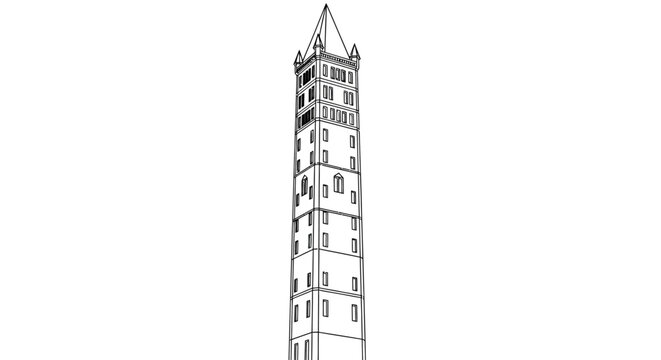 Outline of a tall, historic tower with a pointed roof.