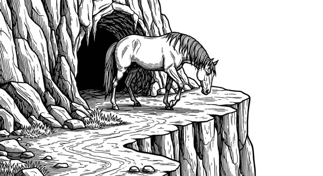 Zebra and horse drinking from a rocky stream.