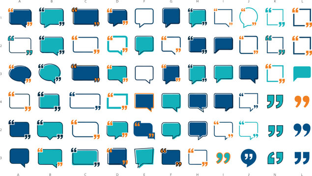 Modern quote frame and speech bubble vector icon set with quotation marks for testimonials, chat boxes, and corporate social media layout design