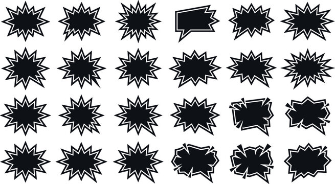 Retro Comic Book Speech Bubble Vector Set with Black Explosive Starburst Shapes Jagged Text Clouds and Boom Elements for Graphic Pop Art Layouts