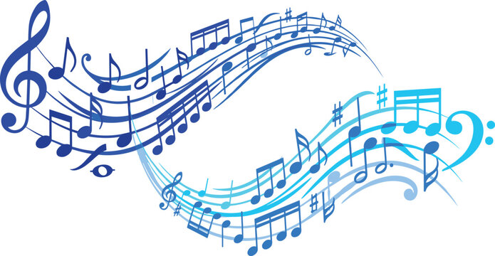 Abstract swirling blue music wave vector graphic elements featuring flowing staff lines treble clef bass clef and vibrant musical notes on white background