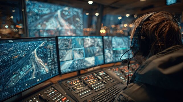Professional emergency dispatcher in a high tech command center monitoring smart city security cameras and 3D holographic maps representing public safety and urban crisis management technology 