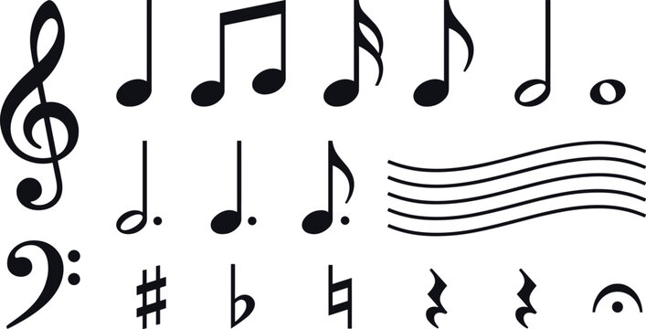 Classic black music notes and symbols vector element set featuring treble and bass clef accidental signs staff lines and rests isolated on white background