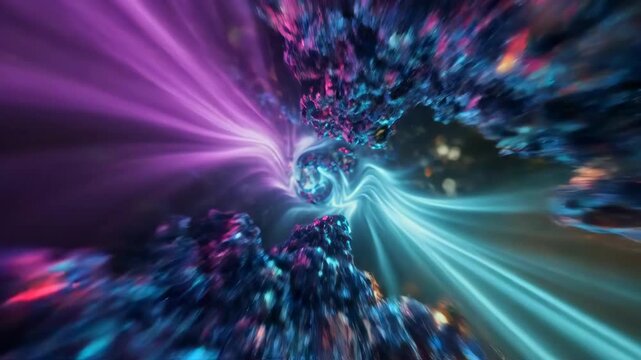 Forward flight through glowing bioluminescent nebula, electric blue and purple particles spiral around bright cosmic core while radiant streams stretch into depth creating dynamic abstract space