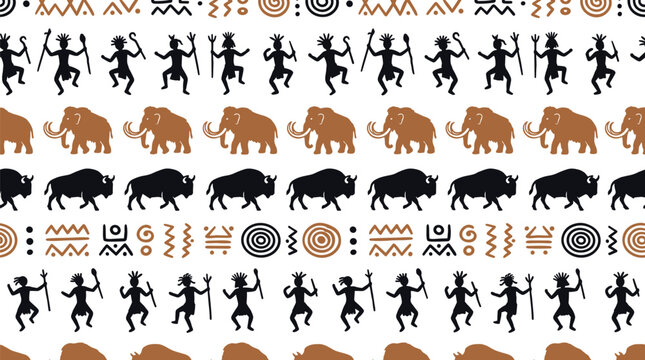 Prehistoric cave painting seamless border pattern background featuring tribal shaman figures, woolly mammoths, wild bison silhouettes, and ethnic geometric symbols