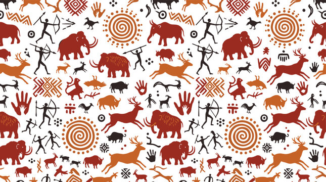 Prehistoric cave painting seamless pattern vector background featuring primitive hunters, woolly mammoths, wild deer, tribal ornaments, and ancient hand prints