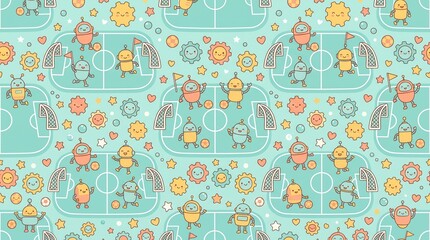 Naklejka premium Cute robots and gears play soccer on mini fields in a cheerful, seamless cartoon pattern