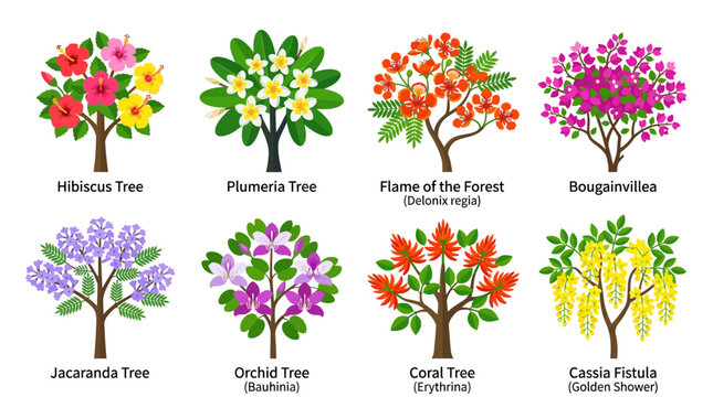 Set of Flat Design Tropical Flowering Trees