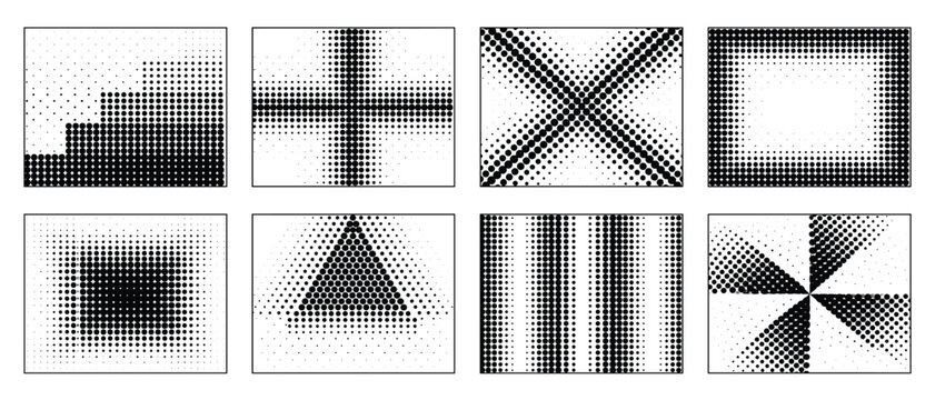 Halftone Shapes. Set of 8 black and white geometric seamless patterns with cross, arrow, square, triangle and pinwheel dot designs isolated for poster design and packaging design