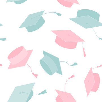 Hand drawn Graduate Hats Seamless Pattern in Pink and Blue. Gender Party Baby Boy or Girl Reveal Background. Nursery Cute Backdrop, Vector illustration.