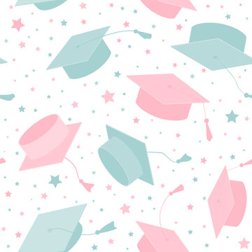 Hand drawn Graduate Hats Seamless Pattern in Pink and Blue. Gender Party Baby Boy or Girl Reveal Background. Nursery Cute Backdrop, Vector illustration.