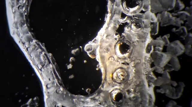 Chemical reaction between vinegar and baking soda under microscope, acid base substance interaction