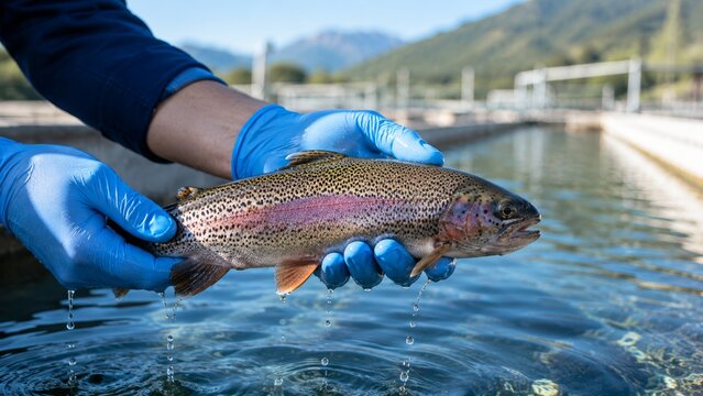 Biologist holding rainbow trout in gloved hands over water at a fish hatchery for aquaculture research and conservation