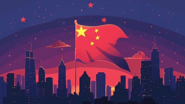Illustrated Chinese flag waving above a stylized city skyline at dusk, national pride, urban China concept, bold patriotic backdrop.