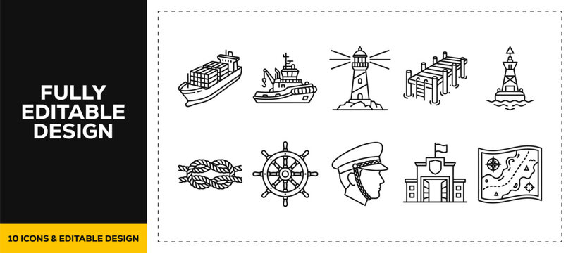 flat vector illustration line art icon bundle set design depicting maritime shipping ocean lighthouses anchor chains and nautical navigation graphics for digital UI apps