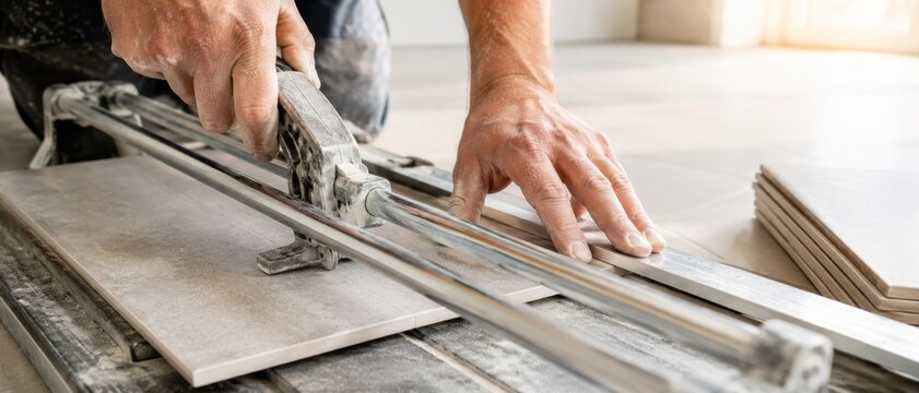 Worker accurately cutting tile with a manual cutter during home renovation, showing precision and banner format