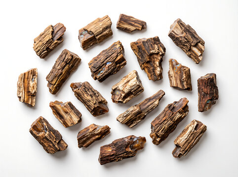 High-resolution top-down composition of ancient petrified wood fragments with rich brown grain and opalized pockets