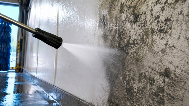 Professional cleaner removing mold and grime from tiled wall in an industrial setting with a high-pressure steam tool