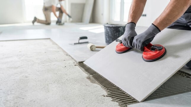 Worker installing large format ceramic floor tiles in an apartment during renovation, using a suction cup and adhesive mortar