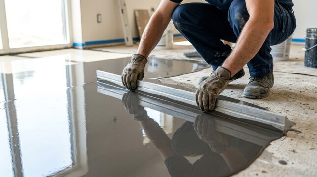 Worker smoothing wet concrete floor with a screed tool during construction or renovation project, for a perfectly level surface