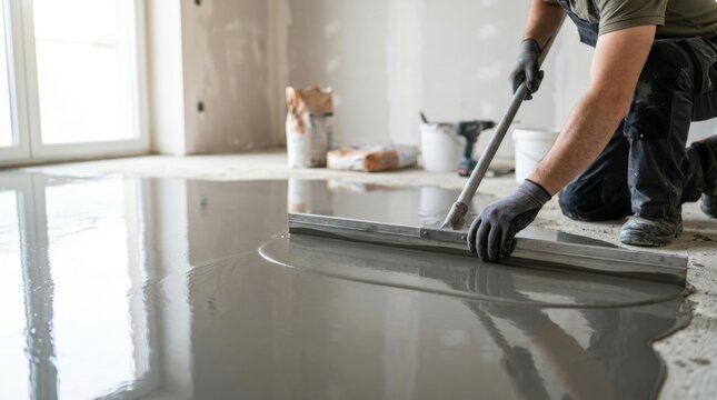 Worker smoothing wet concrete floor with a screed tool during construction or renovation project, for a perfectly level surface