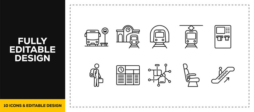 flat vector illustration line art icon bundle set design representing railway passenger travel train carriages ticketing and station infrastructure graphics for UI apps