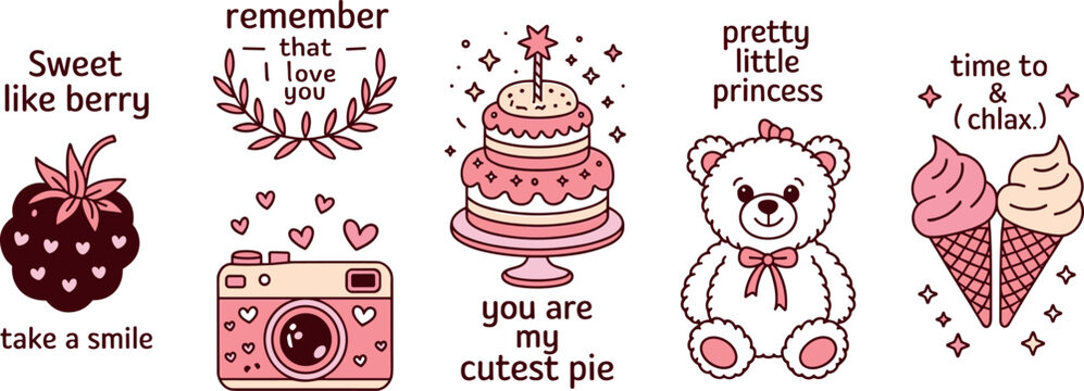 Set of cute pink romantic doodles with sweet quotes teddy bear birthday cake camera and ice cream cones