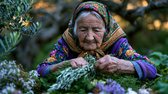 Centenarian woman from Sardinian mountain village harvesting garden herbs at dawn, longevity diet blue zones lifestyle concept for aging wellness and Mediterranean nutrition documentary editorial us