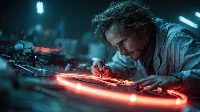 Professional engineer stretching a glowing red biolayer with embedded impact sensors representing the protection of automated cargo drones from theft and environmental hazards during delivery