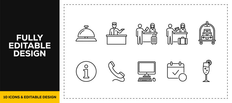 flat vector illustration line art icon bundle set design illustrating hospitality services hotel receptions comfortable beds and guest accommodation graphics for UI UX
