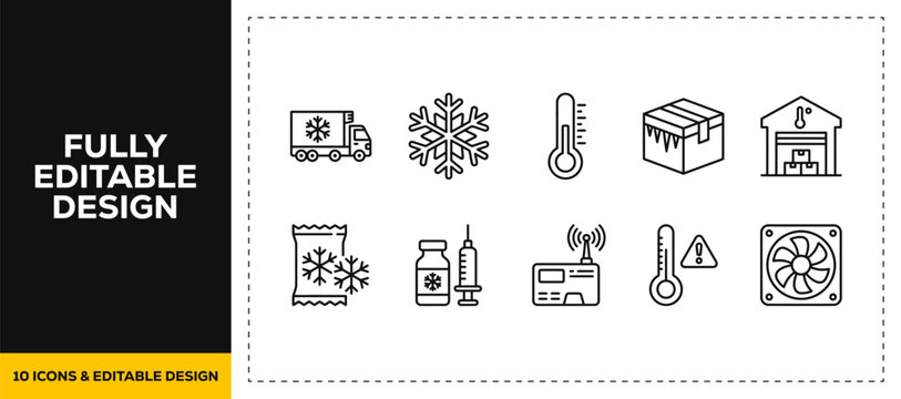 flat vector illustration line art icon bundle set design displaying cold chain logistics refrigerated trucks medicine transport and freezing temperature graphics for UI