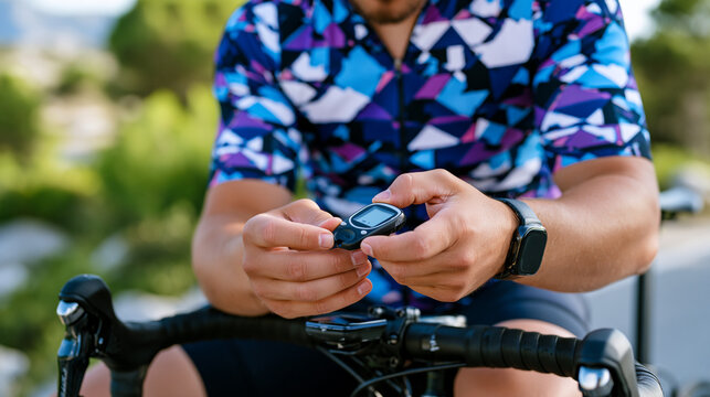 Keto-adapted cyclist checking glucose and ketone meter readings after high-intensity training interval, athletic performance monitoring concept for metabolic health coaching and sports nutrition res