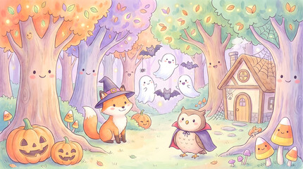 Naklejka premium Halloween Background Collection – Pumpkins, Haunted Houses, Witch Cottages, Cemeteries, Cartoon and Watercolor Illustrations with Bats, Moon and Autumn Decor for Fall Season Design