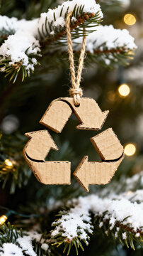 Close-up of an eco-friendly cardboard recycling symbol on a Christmas tree. Holiday cleanup concept, garbage disposal.