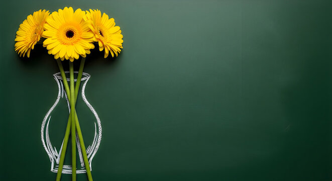Bright yellow gerbera daisies in a clear glass vase with green stems and leaves