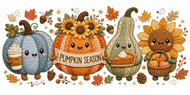 Set of colorful autumn hedgehogs with leaves and mushrooms isolated on transparent background