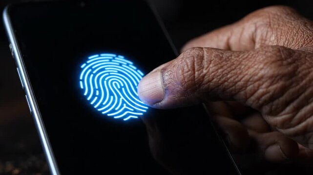 Fingerprint biometric security technology with dark hand pressing smartphone screen for identification and digital authentication close up sensor