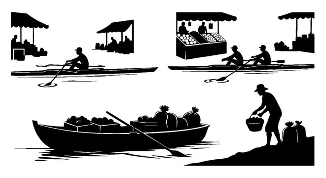 Traditional wooden boat scenes with rowers and market goods.