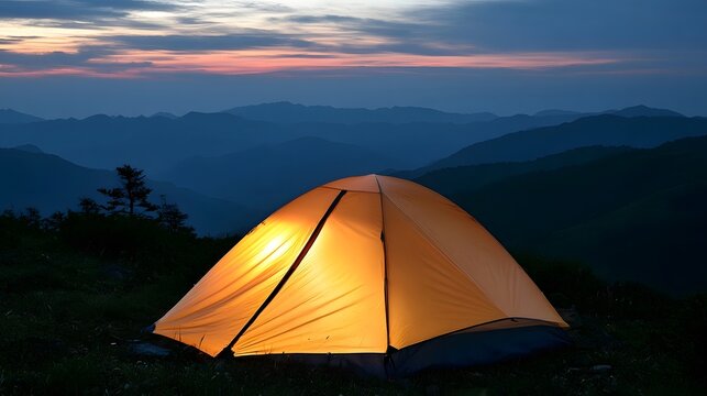 A glowing orange tent set on a grassy hilltop overlooking layered mountain ranges under a twilight sky with soft pink and blue hues