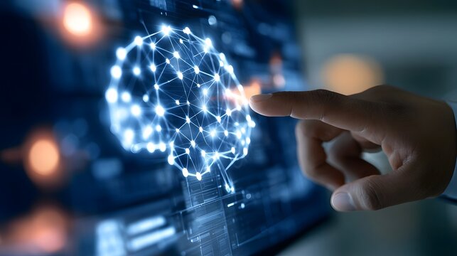 Hand interacts with a glowing brain shaped network of connected dots on a digital interface