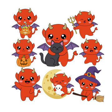 Cute little devil characters with Halloween elements and black cat, joyful and playful