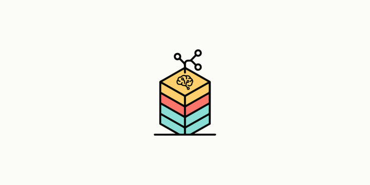 Isometric vector illustration of a layered technology stack with a brain icon and connected network nodes
