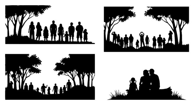 Silhouettes of families and groups in nature scenes.