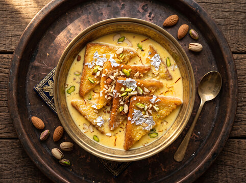 Pakistani Shahi Tukra Bread Pudding on Copper Tray