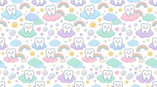 Adorable happy teeth rest on soft pastel clouds with colorful rainbows and sparkling stars