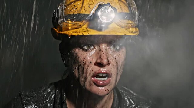 Female coal miner wearing helmet with headlamp shouting in panic inside dark underground tunnel, critical mining accident, concept of workplace danger, industrial disaster, survival, labor conditions