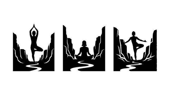 Silhouettes of yoga poses in mountain landscape.