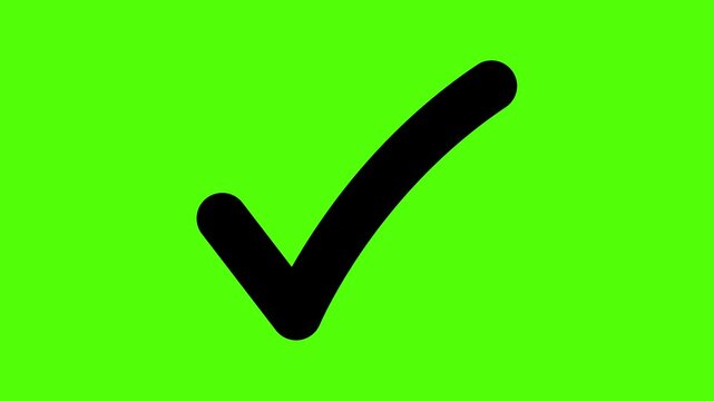 Check Mark on Green Screen: A simple yet clear black check mark symbol is prominently displayed against a vibrant green background, perfect for indicating confirmation or agreement.