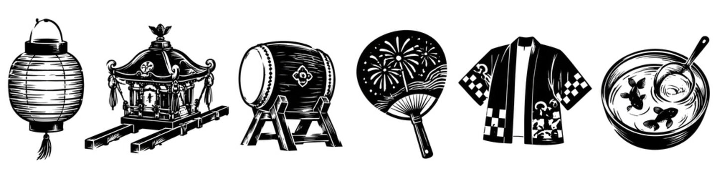Japanese Summer Festival Icon Set &ndash; Paper Lantern, Mikoshi Shrine, Taiko Drum, Uchiwa Fan, Happi Coat and Goldfish Scooping