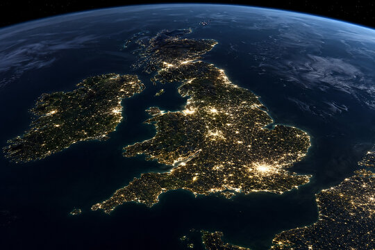 United Kingdom at Night from Space, ultra-realistic satellite view of illuminated cities, coastlines and transportation networks with atmospheric glow from low Earth orbit.